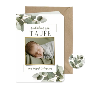 Einladungskarte zur Taufe Eukalyptus mit Foto & Rahmen